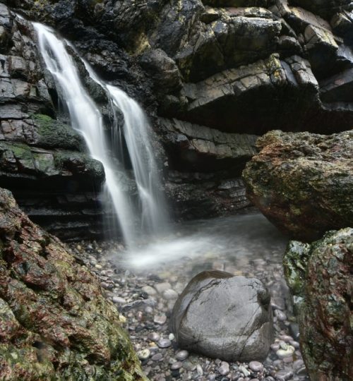 Wild Isles of Mull & Iona, waterfall onto small beach at Ardmeanach